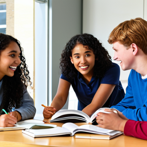 Home 13 **Active Learning in Group Work**:
"A diverse group of engineering students engaged in a lively discussion around a table filled with textbooks and notes, collaborating on complex concepts. The atmosphere is energetic and supportive, showcasing teamwork and motivation."