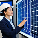 A confident, professional female civil engineer wearing a modest business suit and a safety hard hat, standing in a high-tech, modern construction office. She is reviewing a holographic Building Information Modeling (BIM) projection of an eco-friendly, energy-efficient building design. Large digital monitors in the background display complex architectural blueprints. Professional photography, high detail, perfect anatomy, correct proportions, natural pose, well-formed hands, proper finger count, natural body proportions, safe for work, appropriate content, fully clothed, professional dress, modest clothing.