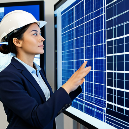 Home 8 A confident, professional female civil engineer wearing a modest business suit and a safety hard hat, standing in a high-tech, modern construction office. She is reviewing a holographic Building Information Modeling (BIM) projection of an eco-friendly, energy-efficient building design. Large digital monitors in the background display complex architectural blueprints. Professional photography, high detail, perfect anatomy, correct proportions, natural pose, well-formed hands, proper finger count, natural body proportions, safe for work, appropriate content, fully clothed, professional dress, modest clothing.