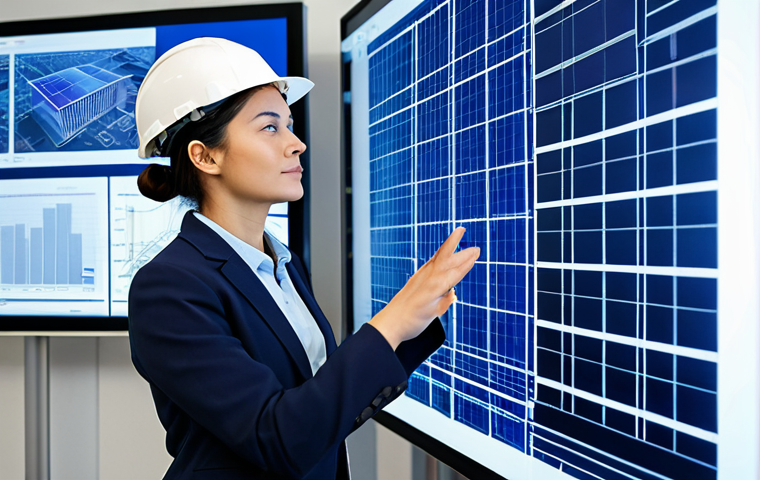 A confident, professional female civil engineer wearing a modest business suit and a safety hard hat, standing in a high-tech, modern construction office. She is reviewing a holographic Building Information Modeling (BIM) projection of an eco-friendly, energy-efficient building design. Large digital monitors in the background display complex architectural blueprints. Professional photography, high detail, perfect anatomy, correct proportions, natural pose, well-formed hands, proper finger count, natural body proportions, safe for work, appropriate content, fully clothed, professional dress, modest clothing.