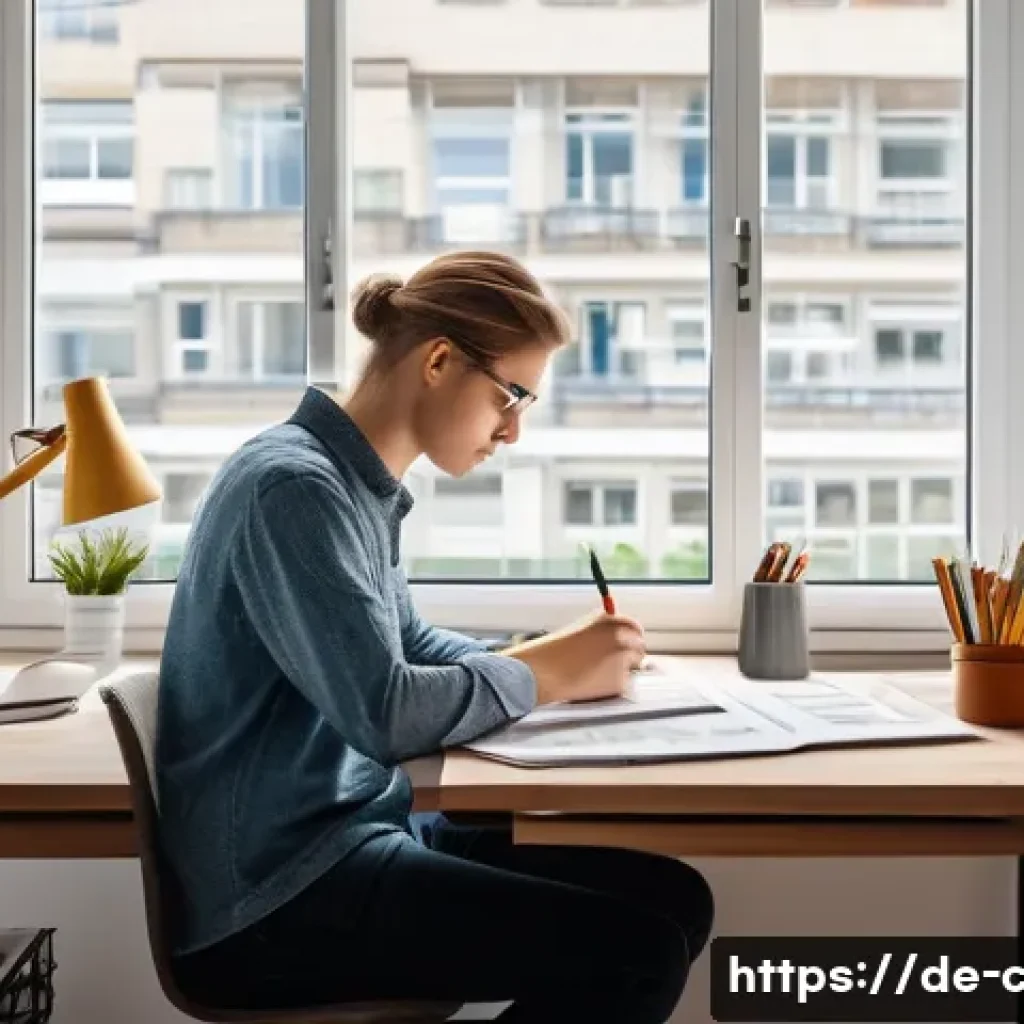 토목기사 필기시험 고득점 전략 - A focused German engineering student studying efficiently at a clean, organized desk in a modern apa...