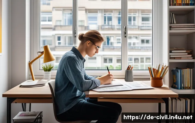 토목기사 필기시험 고득점 전략 - A focused German engineering student studying efficiently at a clean, organized desk in a modern apa...