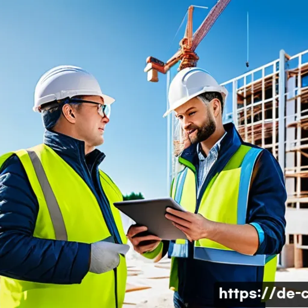 토목공학의 주요 데이터 분석 도구 - A modern construction site in Germany featuring diverse professionals collaborating around a large d...