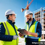 Home 23 토목공학의 주요 데이터 분석 도구 - A modern construction site in Germany featuring diverse professionals collaborating around a large d...