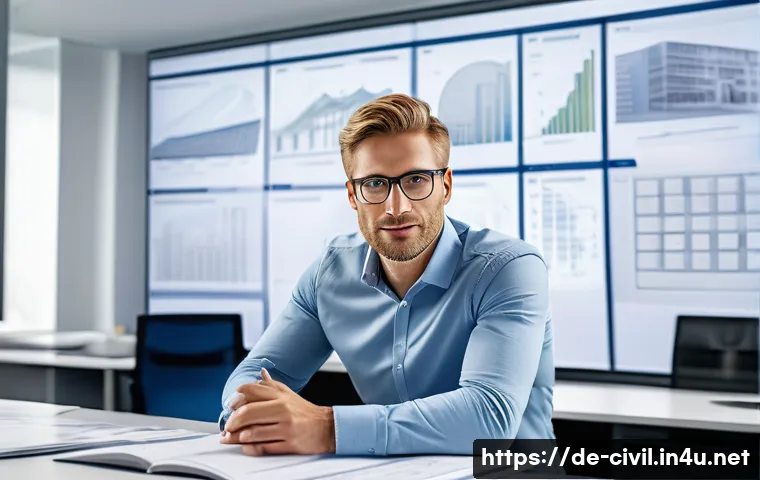 토목기사 자격증 갱신 방법 - A professional German civil engineer in a modern office environment, reviewing building plans and le...
