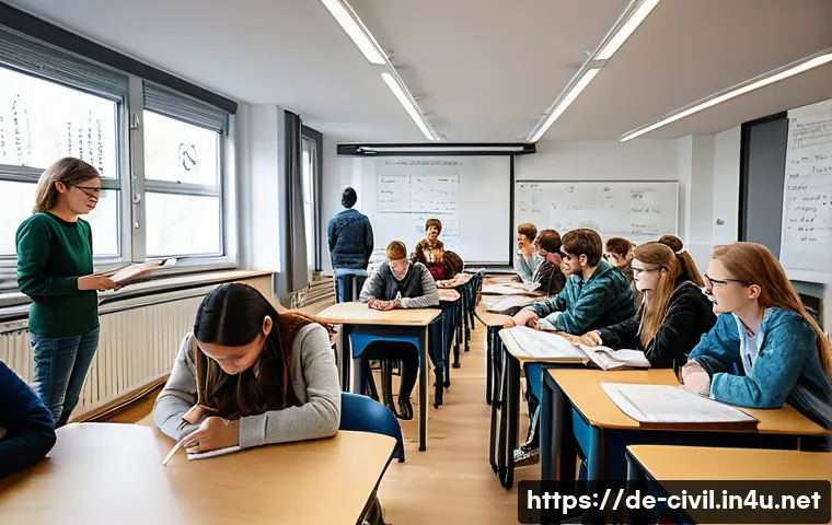 토목기사 자격증을 위한 추천 도서 - A detailed classroom scene in a modern German university setting, where engineering students attenti...