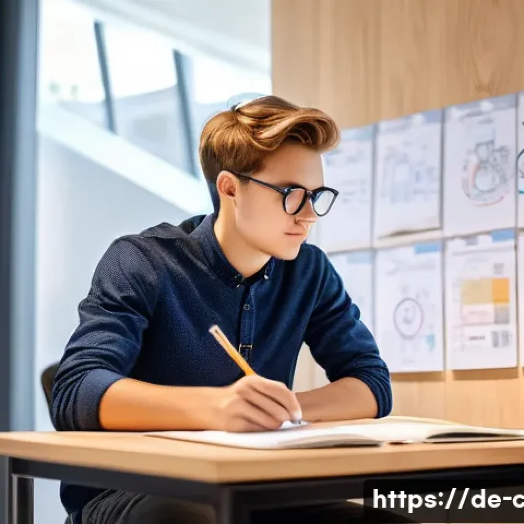 토목기사 시험을 위한 단기 집중학습법 - A focused young German engineering student sitting at a modern wooden desk in a bright, minimalist s...