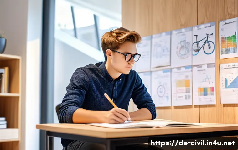 토목기사 시험을 위한 단기 집중학습법 - A focused young German engineering student sitting at a modern wooden desk in a bright, minimalist s...