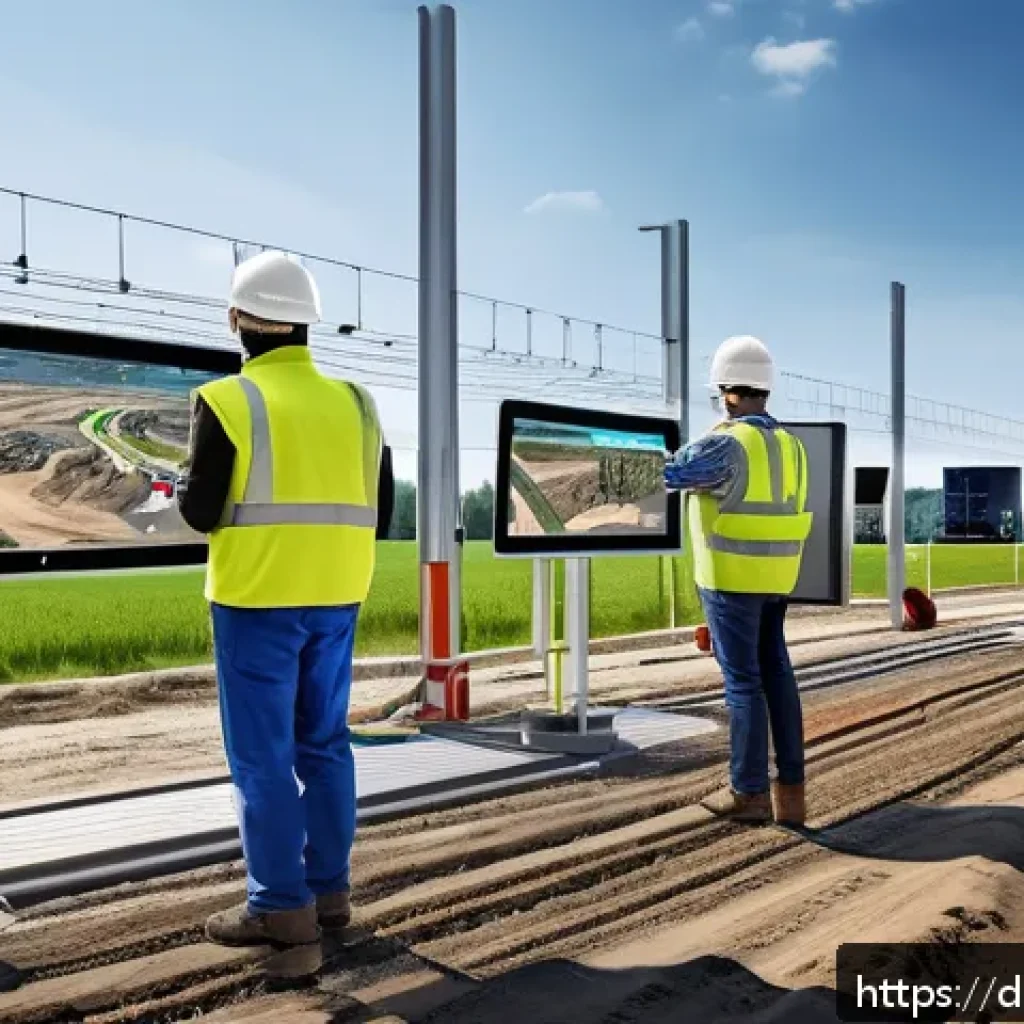 토목공학 현장에서의 시간 관리 - A detailed construction site scene in Germany showcasing a team of diverse workers using advanced di...