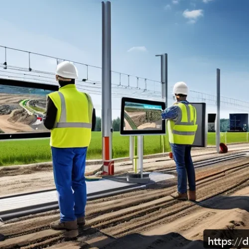 토목공학 현장에서의 시간 관리 - A detailed construction site scene in Germany showcasing a team of diverse workers using advanced di...