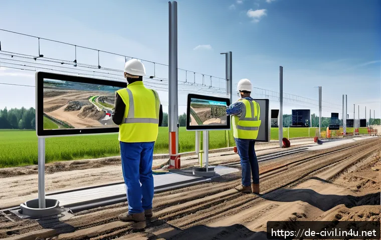 토목공학 현장에서의 시간 관리 - A detailed construction site scene in Germany showcasing a team of diverse workers using advanced di...