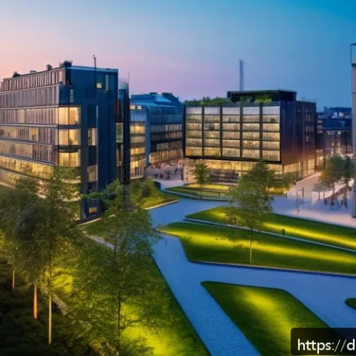 토목공학의 주요 해외 취업국 - A modern European cityscape at dusk showcasing sustainable architecture in Copenhagen: energy-effici...