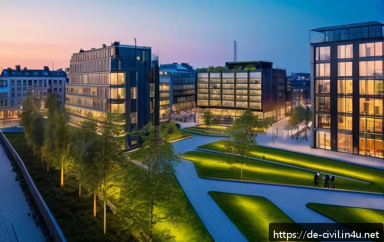 토목공학의 주요 해외 취업국 - A modern European cityscape at dusk showcasing sustainable architecture in Copenhagen: energy-effici...