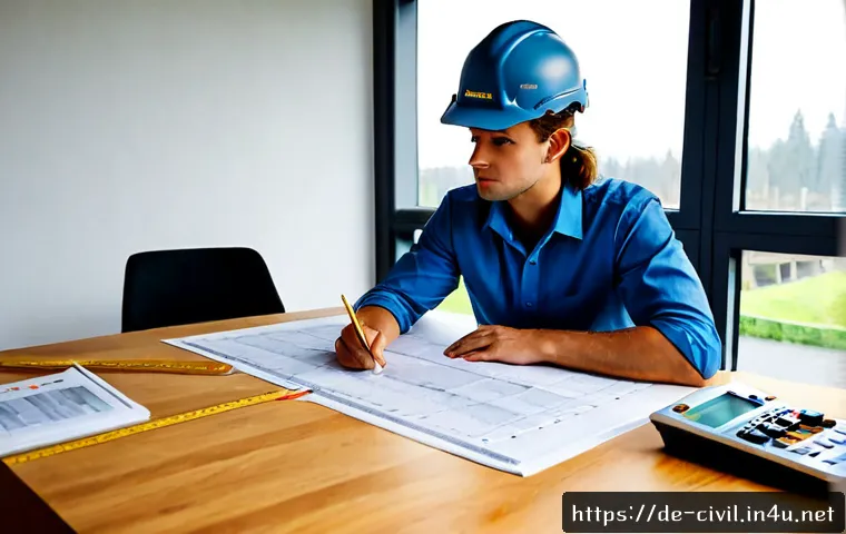 토목기사 시험 난이도 분석 - Photorealistic German civil engineering exam preparation scene, focused adult candidate studying str...